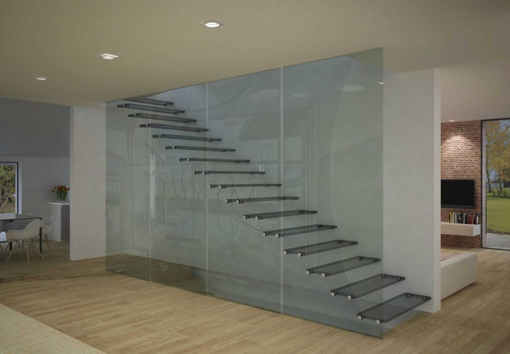 Straight staircase / glass steps / stainless steel / open
